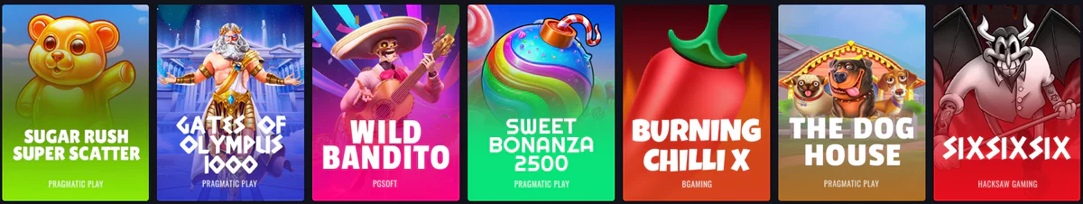 Populaire gokkasten bij Win.Bet Casino, waaronder Sugar Rush Super Scatter, Gates of Olympus 1000, Wild Bandito, Sweet Bonanza 2500, Burning Chilli X, The Dog House en SixSixSix