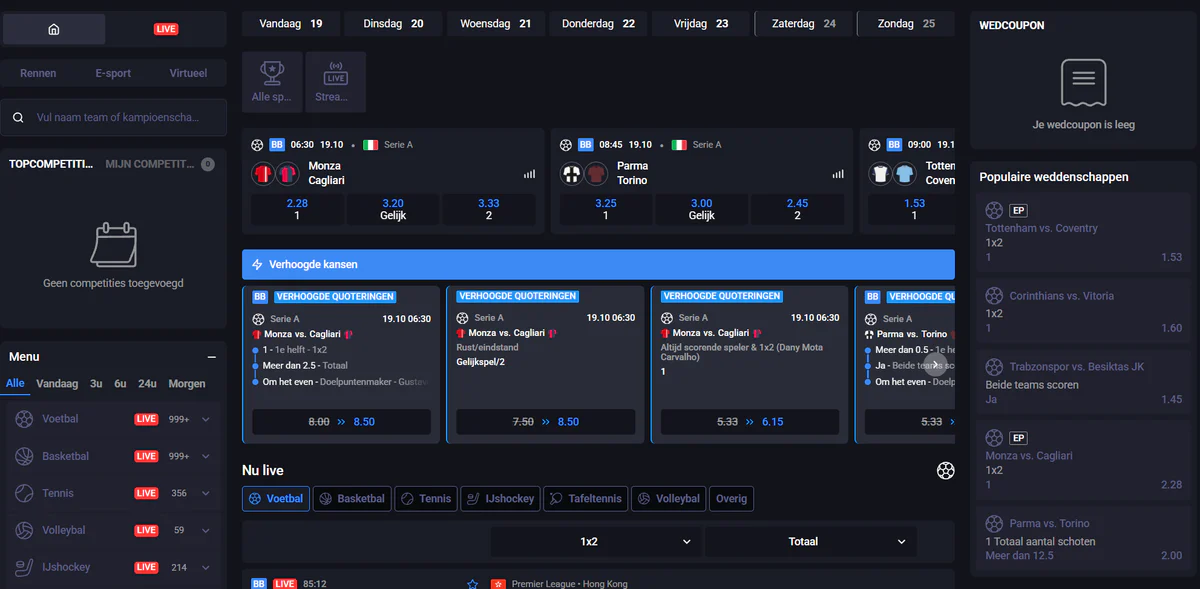 Sportweddenschappen bij Win.Bet met live en pre-match odds, verhoogde quoteringen, populaire weddenschappen en wedstrijden zoals Monza vs. Cagliari, Parma vs. Torino en Tottenham vs. Coventry
